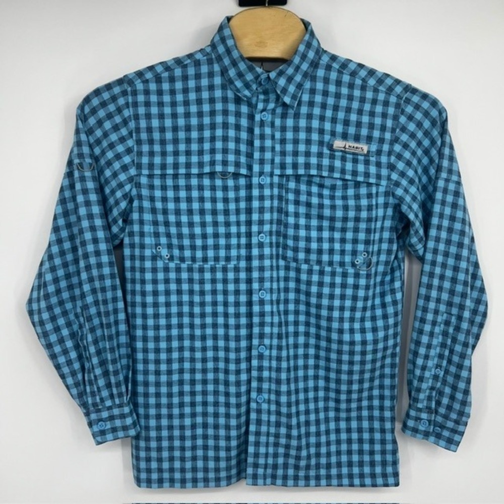 Habit Men's Small Alaskan Blue Plaid Long Sleeve Button Up Fishing Shirt UPF 40+